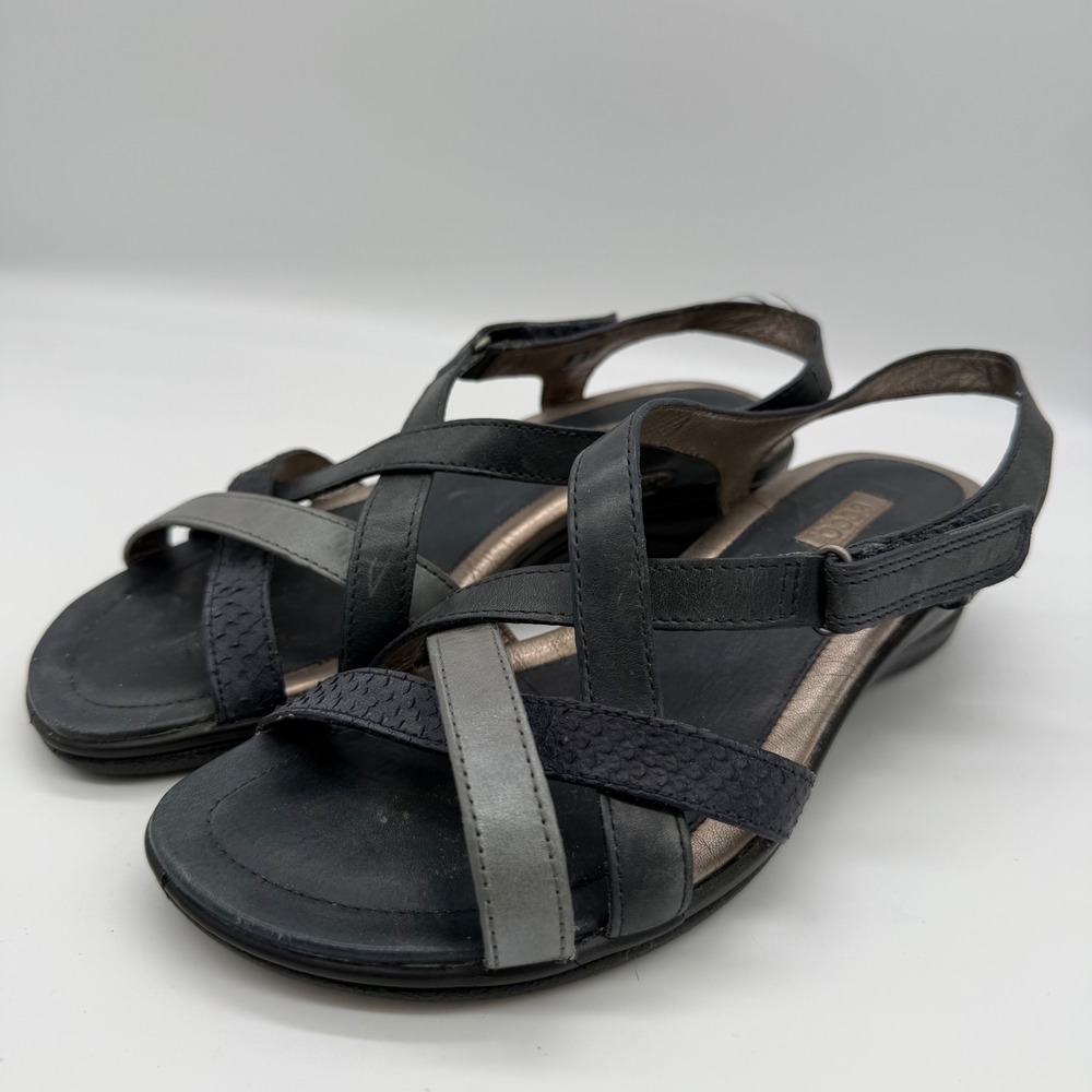 ECCO Womens Flash Strappy Wedge Sandal Black Metallic Leather 37